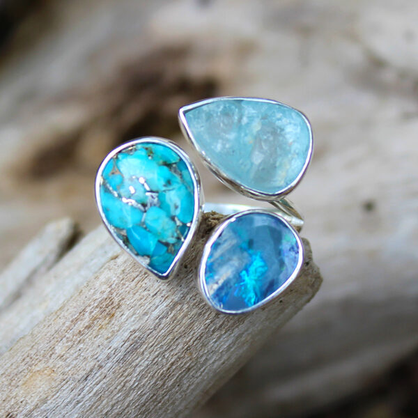 Aquamarine, Opal And Turquoise Gemstone Adjustable Sterling Silver Ring