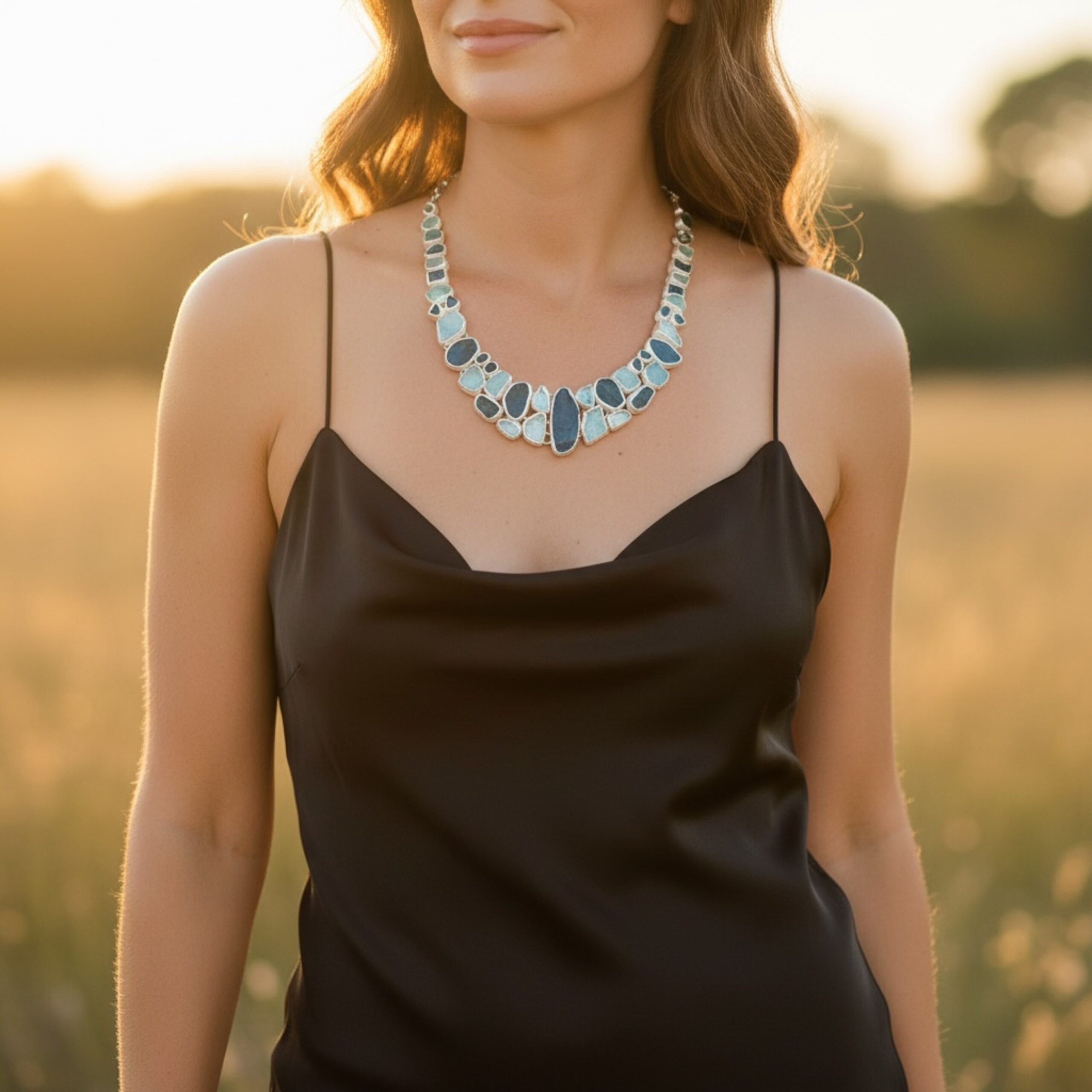 Made to Order Aquamarine And Neon Apatite Gemstone Sterling Silver Ladies Statement Necklace