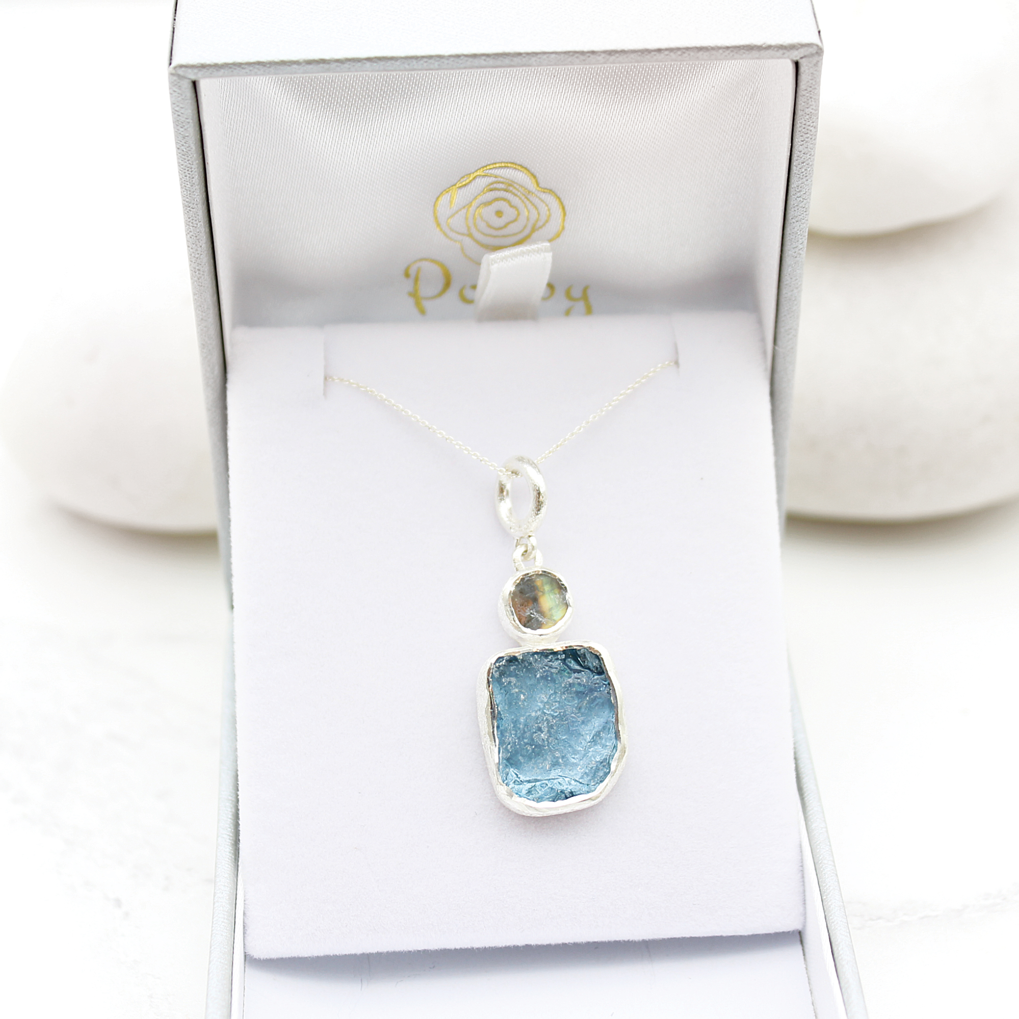 Aquamarine And Moonstone Gemstone Ladies Silver Pendant