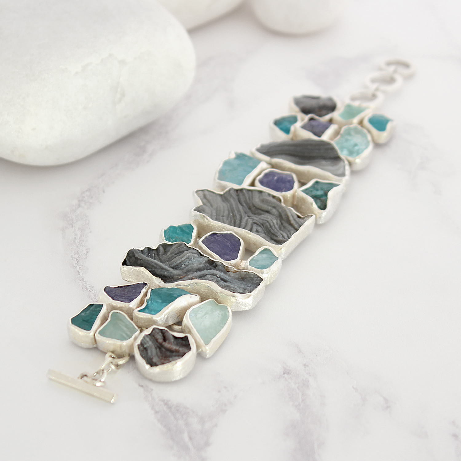 Handmade Ladies Aquamarine, Apatite, Tanzanite & Drusy Gemstone Statement Bracelet
