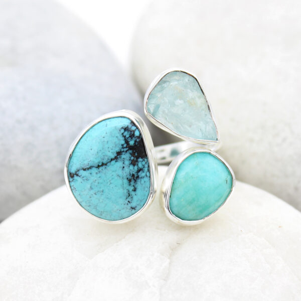 Aquamarine, Amazonite & Turquoise Gemstone Sterling Silver Ring