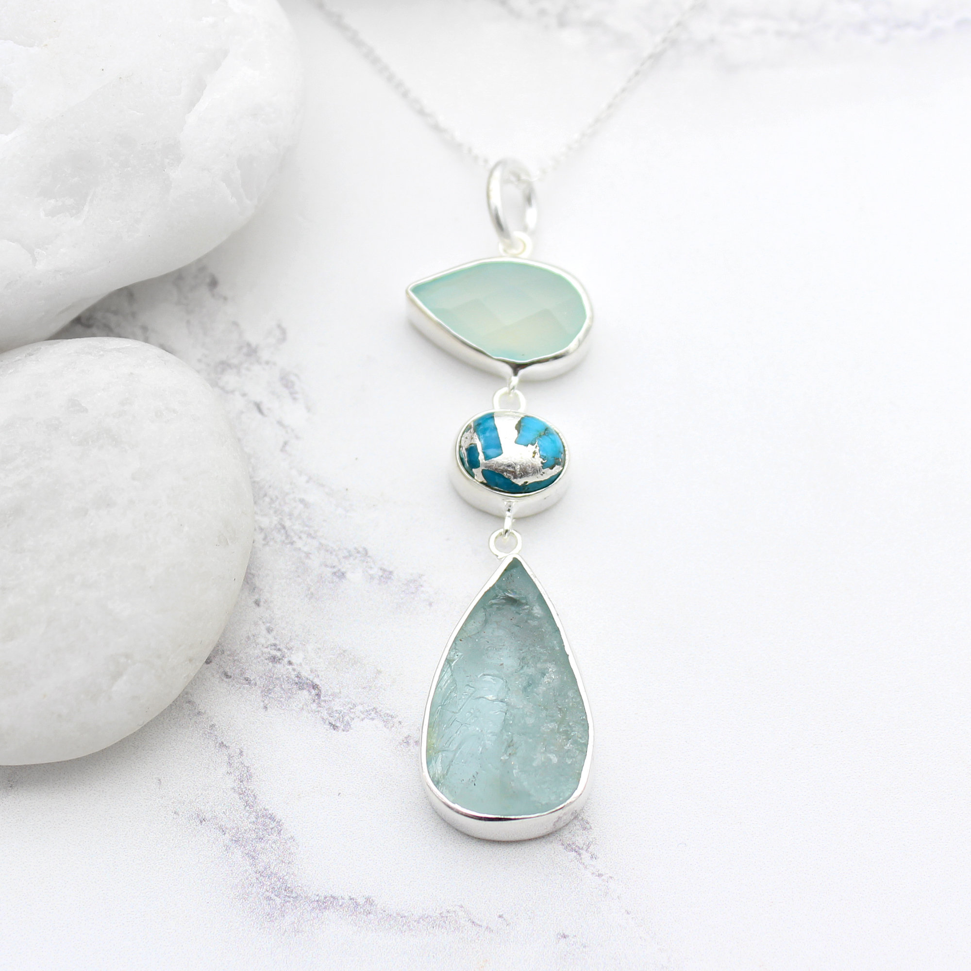 Aquamarine, Chalcedony & Turquoise Gemstone Silver Pendant