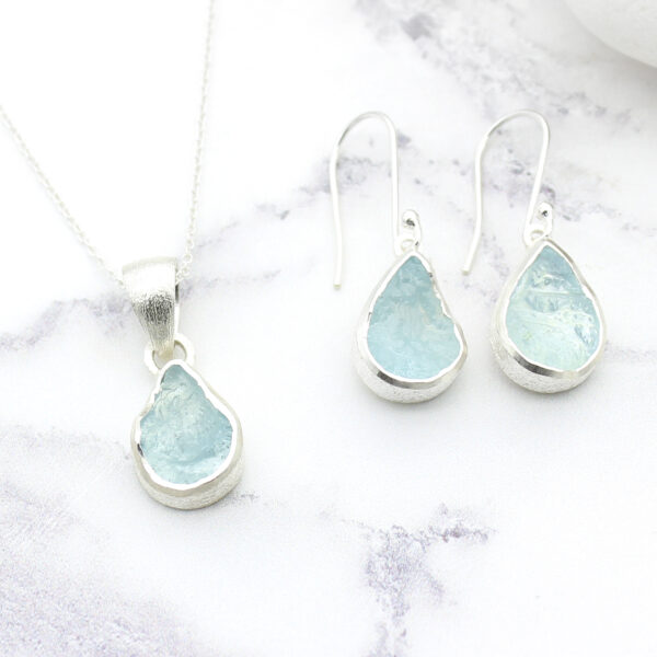 Aquamarine Gemstone Silver Pendant and Earrings Set