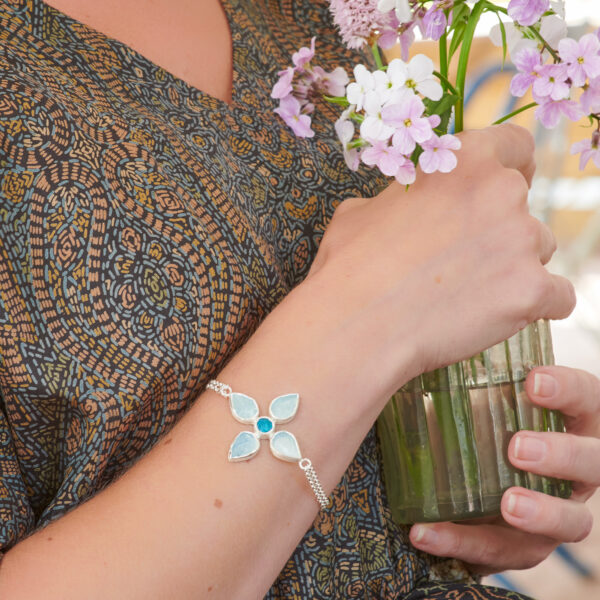 Handmade Aquamarine & Apatite Gemstone Flower Sterling Silver Bracelet