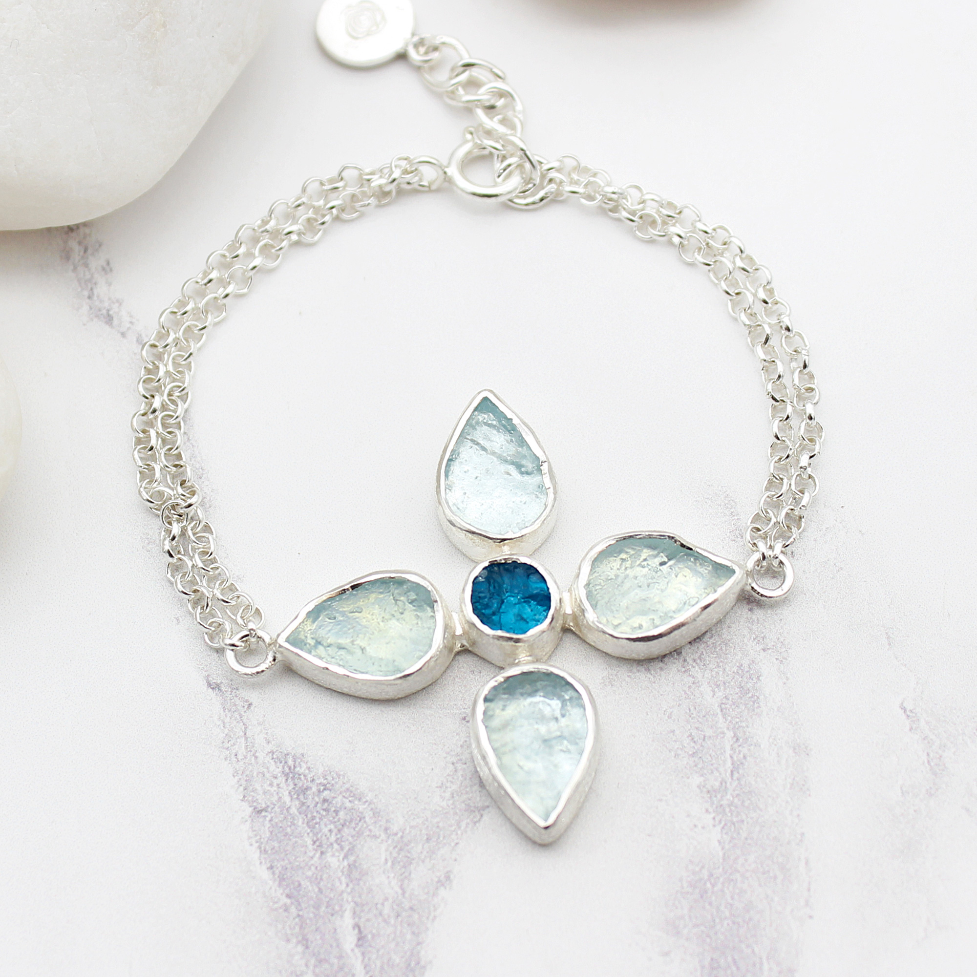 Handmade Aquamarine & Apatite Gemstone Flower Sterling Silver Bracelet