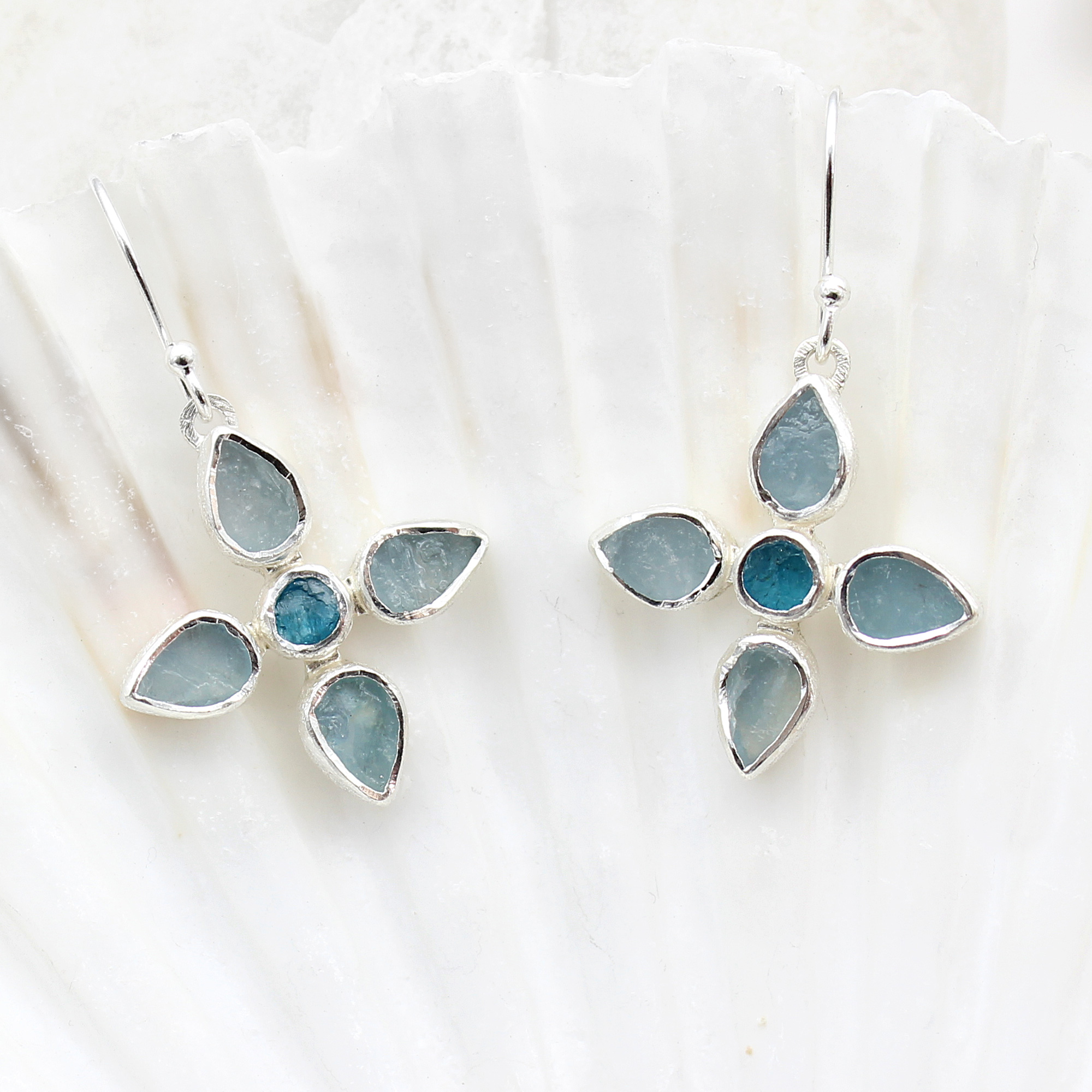 Aquamarine & Apatite Gemstone Sterling Silver Flower Earrings