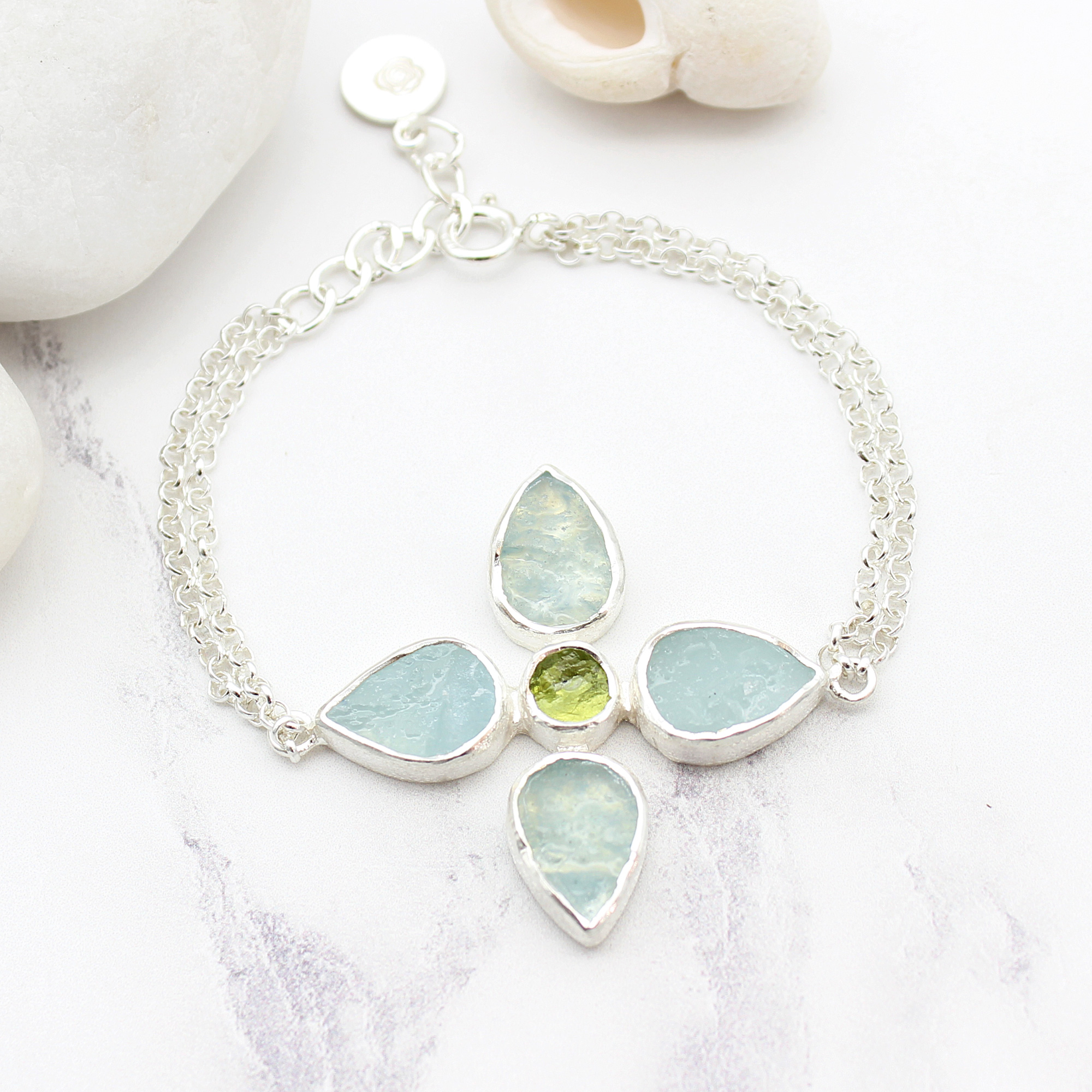 Handmade Aquamarine & Peridot Gemstone Flower Sterling Silver Bracelet