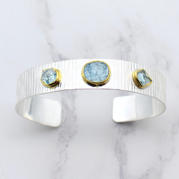 Aquamarine Gemstone Textured Sterling Silver Cuff