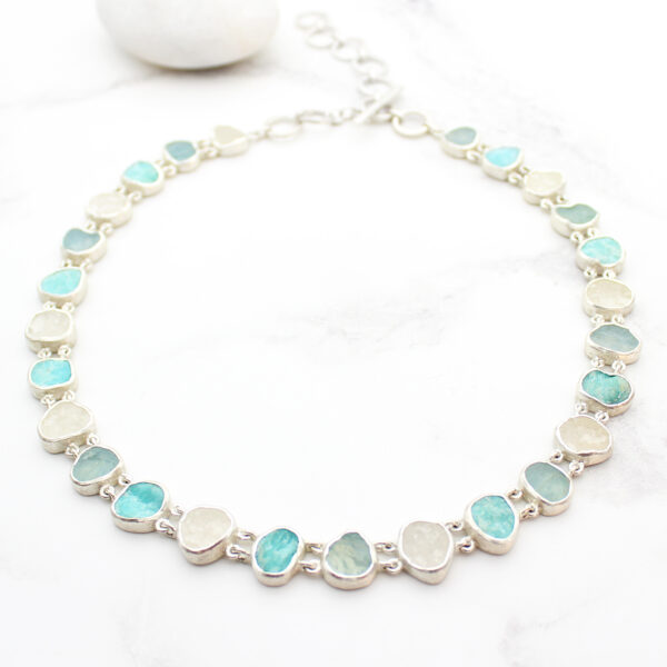 Aquamarine, Amazonite & White Quartz Gemstone Sterling Silver Necklace