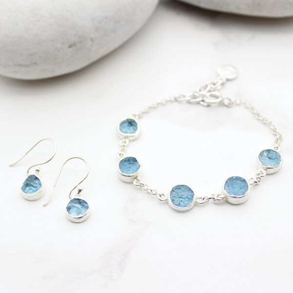 Aquamarine Round Gemstone Silver Bracelet and Earrings Set