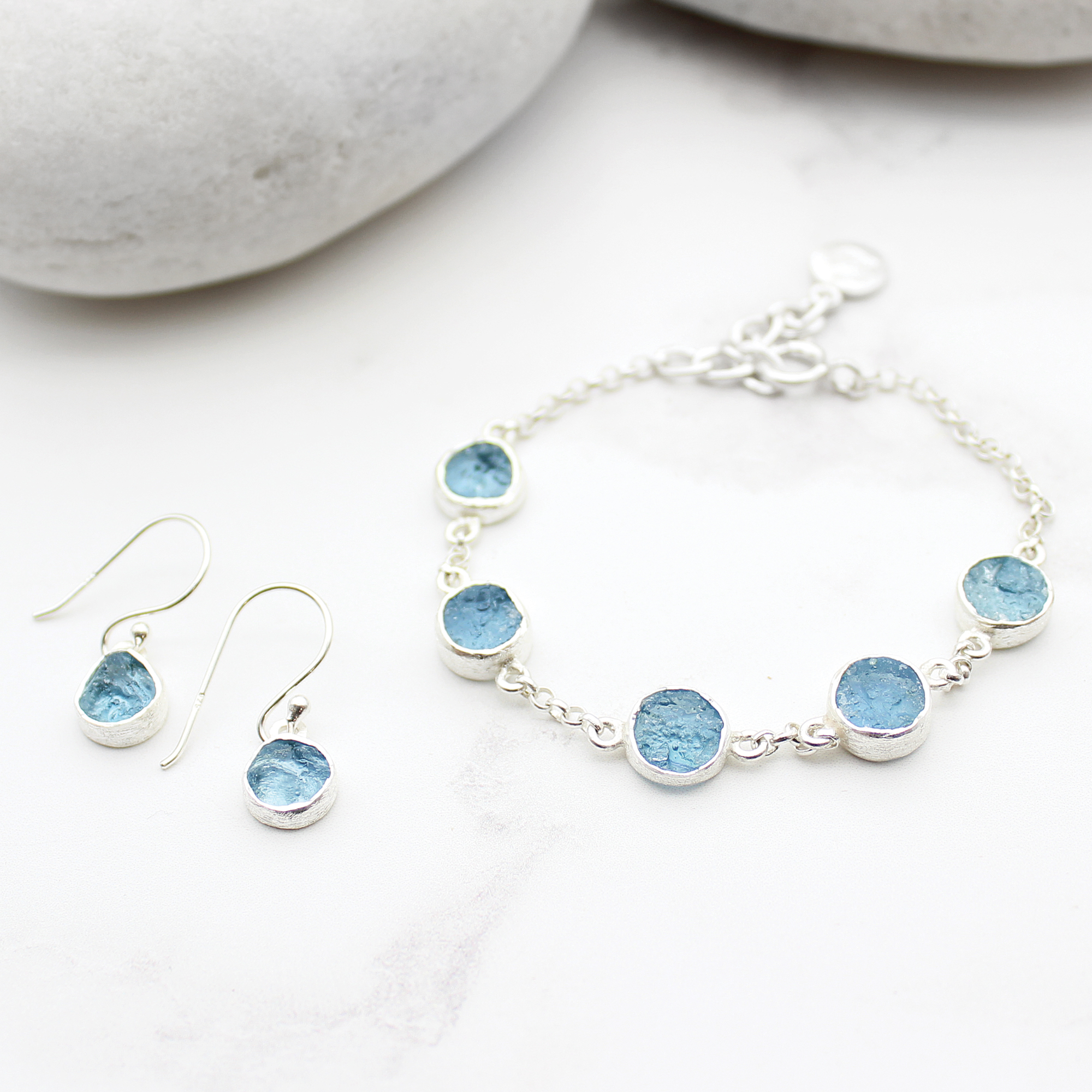 Aquamarine Round Gemstone Silver Bracelet and Earrings Set