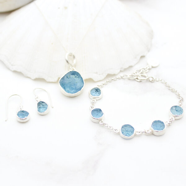 Aquamarine Round Gemstone Silver Bracelet, Pendant and Earrings Set