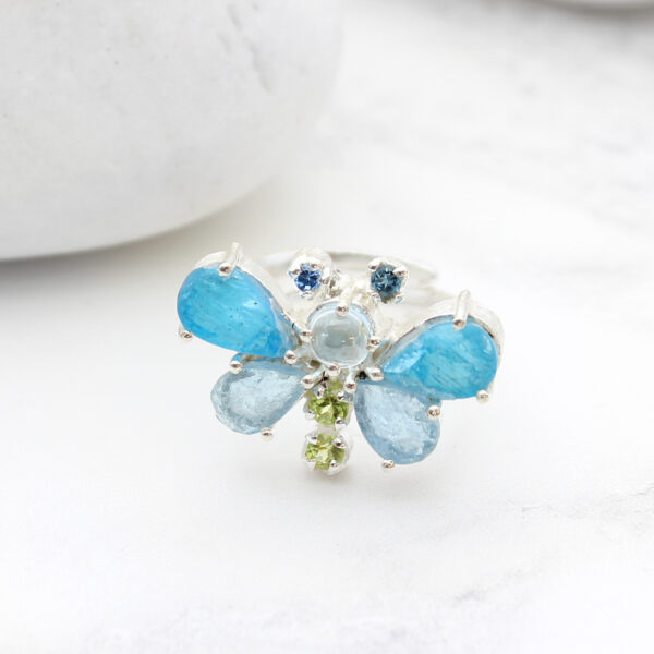 Aquamarine Apatite & Peridot Gemstone Butterfly Adjustable Sterling Silver Ring