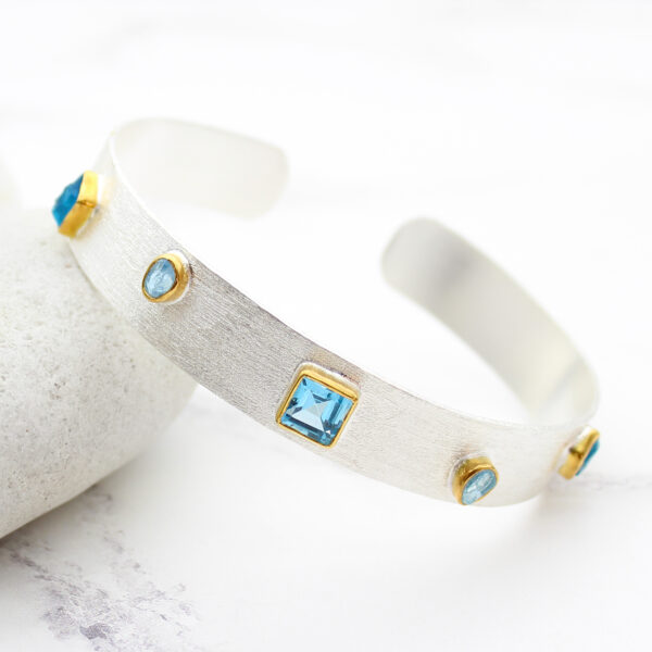 Aquamarine Blue Topaz & Apatite Gemstone Sterling Silver Cuff Bracelet