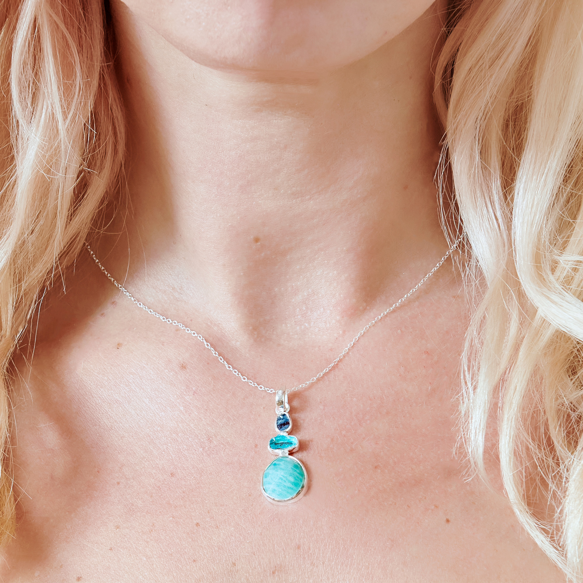 Aquamarine, Apatite & Amazonite Gemstone Handmade Silver Pendant
