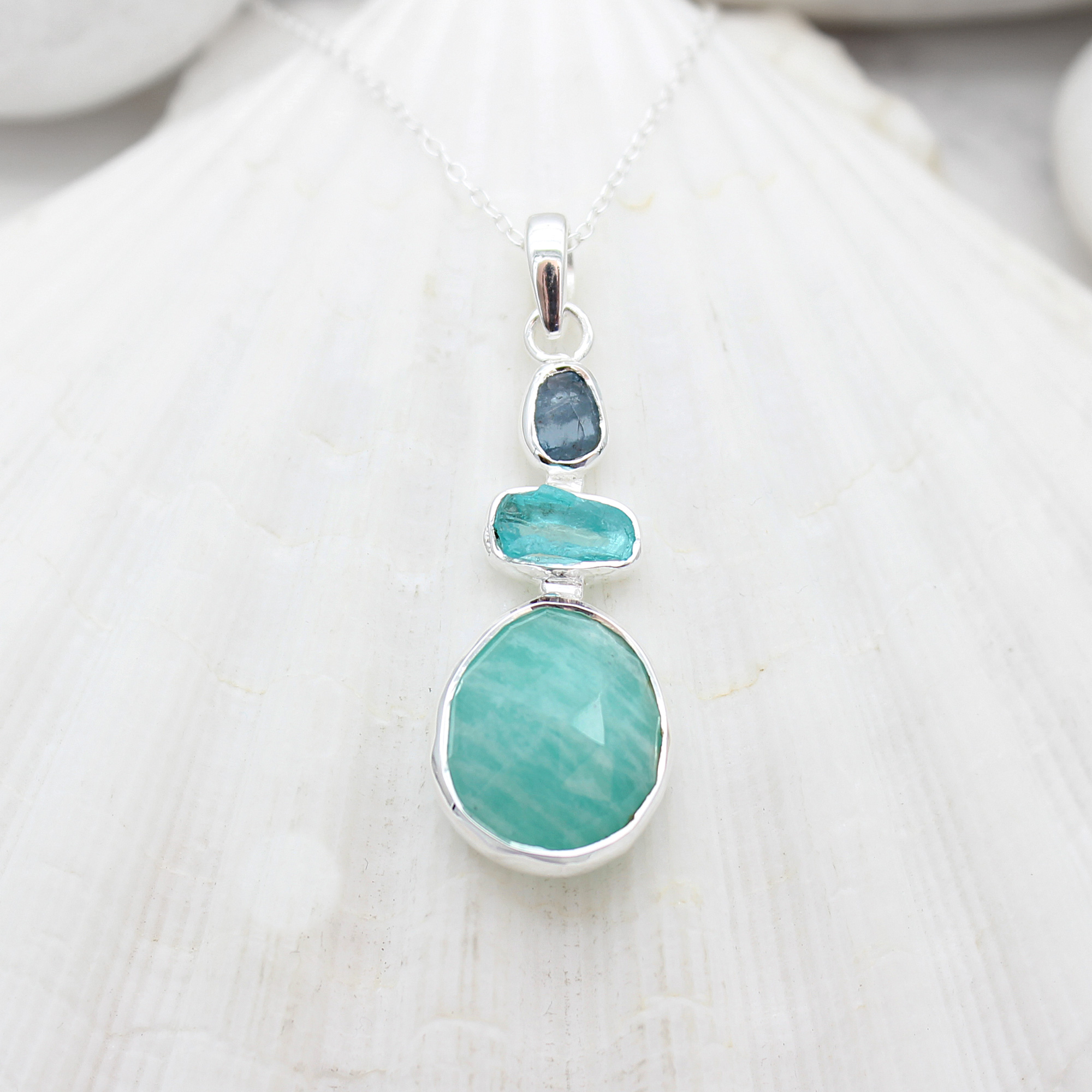 Aquamarine, Apatite & Amazonite Gemstone Handmade Silver Pendant
