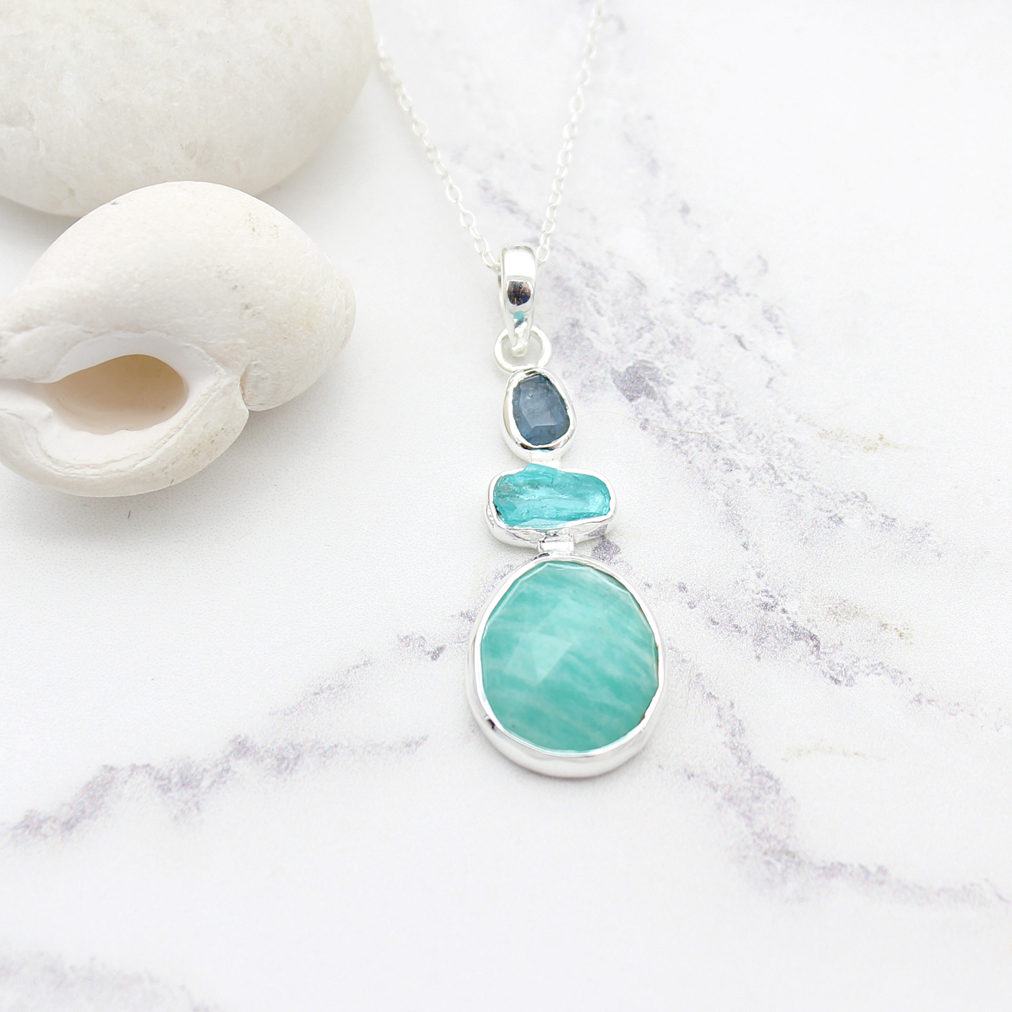 Aquamarine, Apatite & Amazonite Gemstone Handmade Silver Pendant