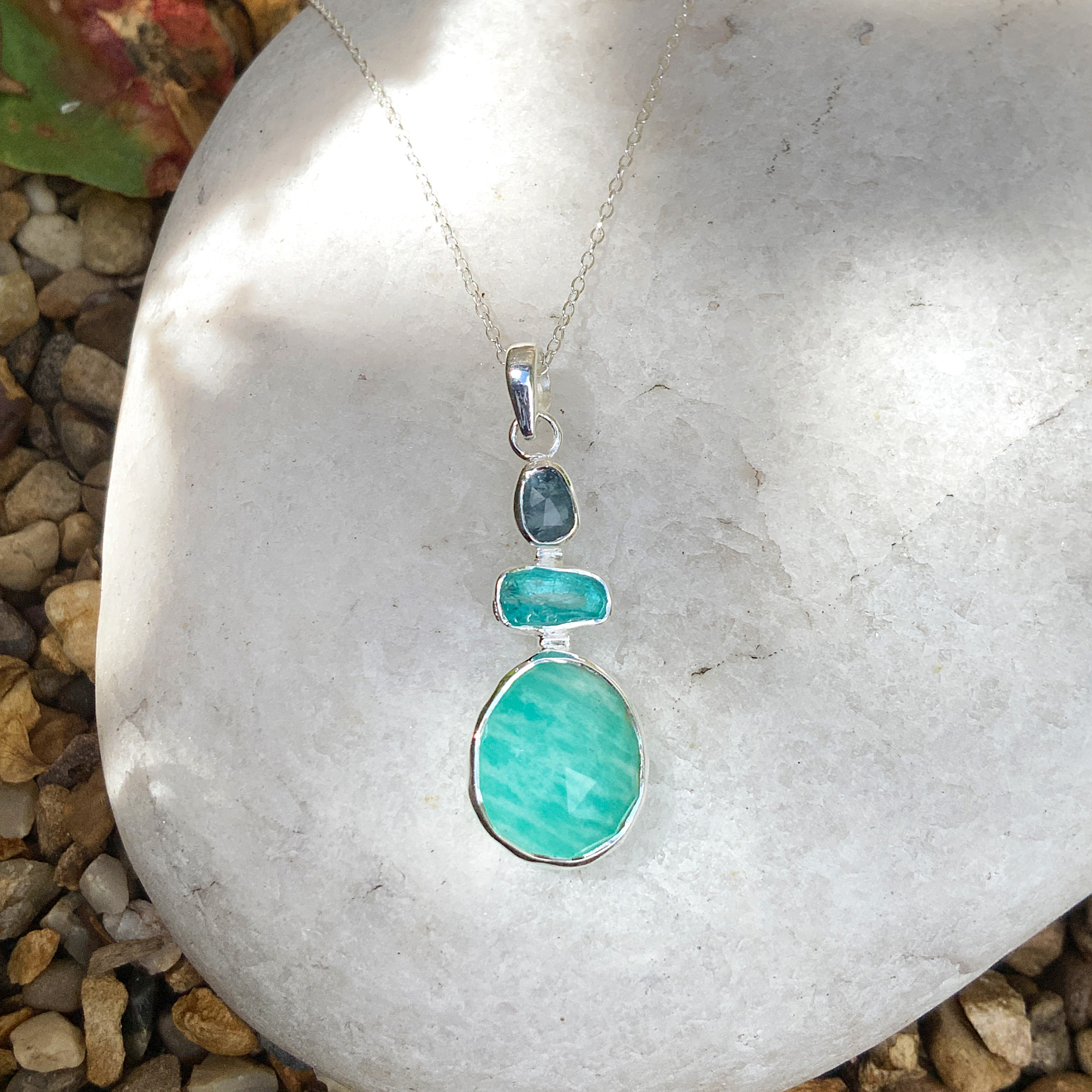 Aquamarine, Apatite & Amazonite Gemstone Handmade Silver Pendant