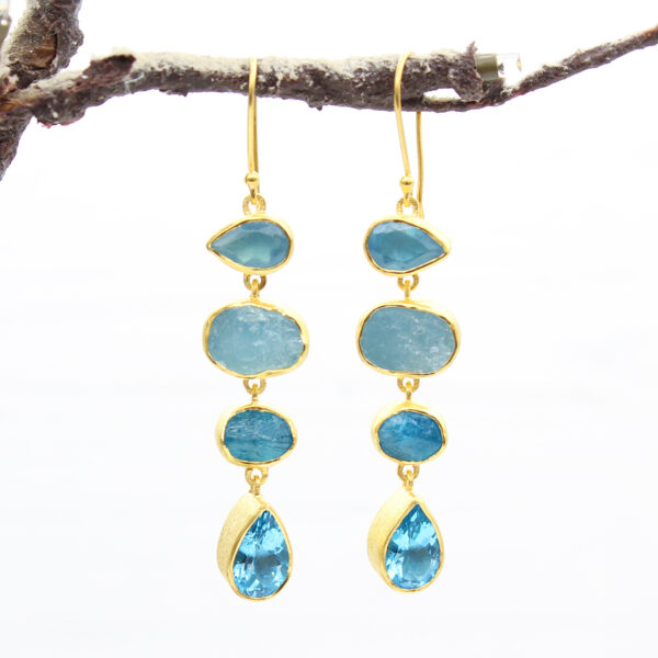 Statement Aquamarine, Apatite & Blue Topaz Gemstone Ladies Gold Plated Sterling Silver Earrings