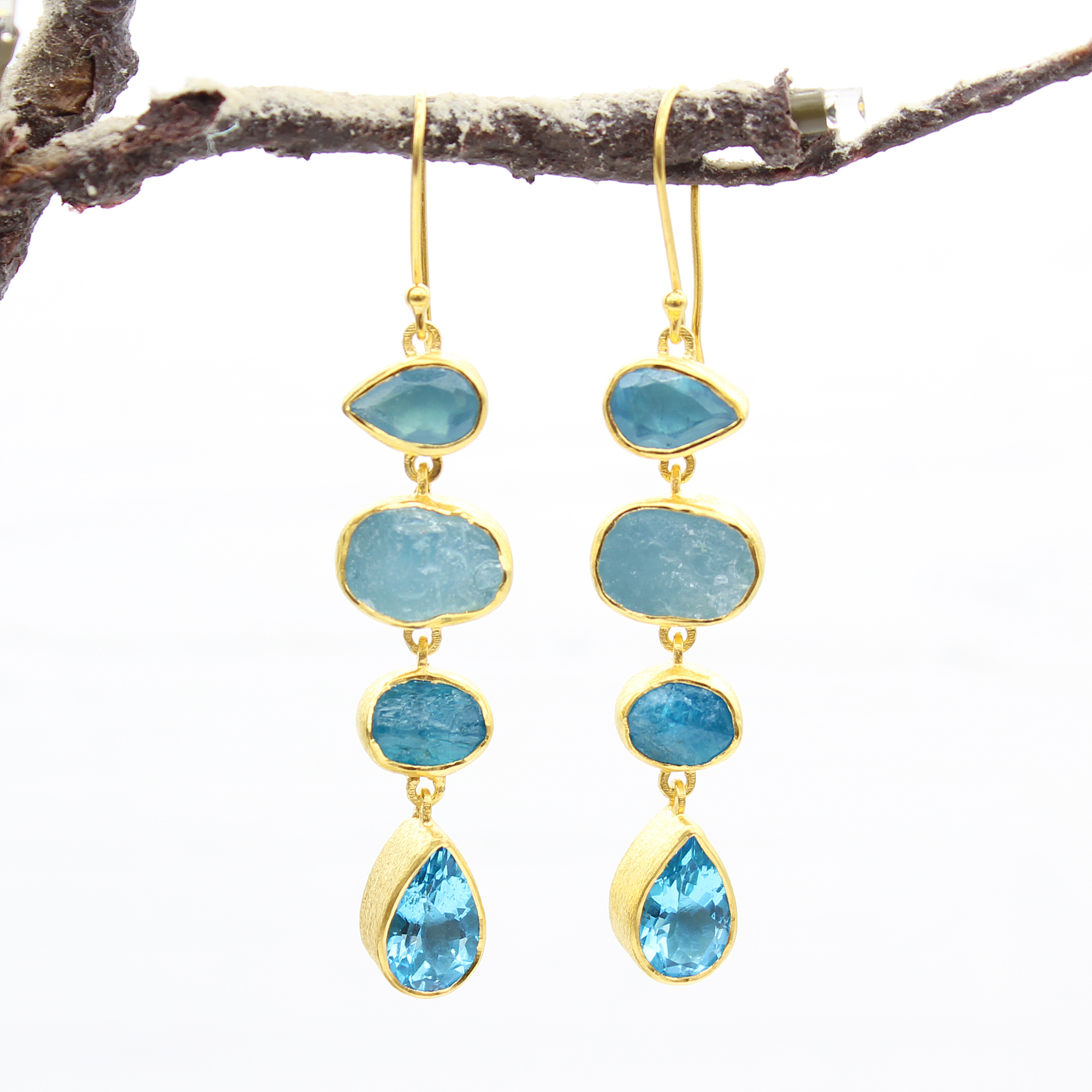 Statement Aquamarine, Apatite & Blue Topaz Gemstone Ladies Gold Plated Sterling Silver Earrings