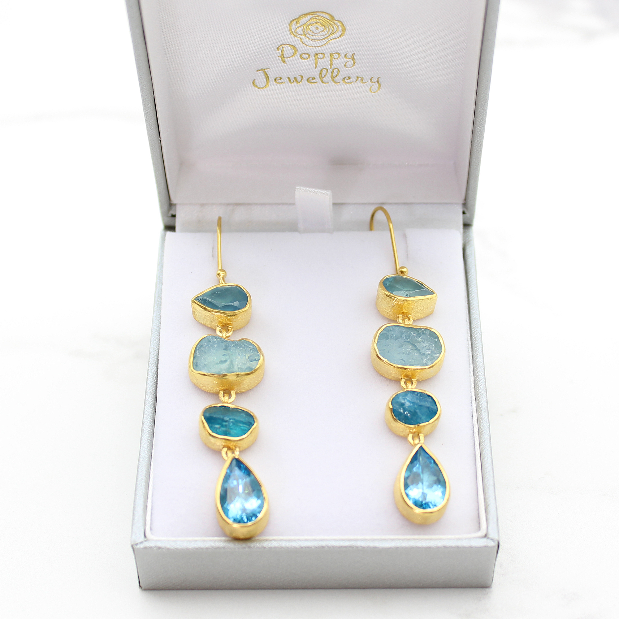 Statement Aquamarine, Apatite & Blue Topaz Gemstone Ladies Gold Plated Sterling Silver Earrings