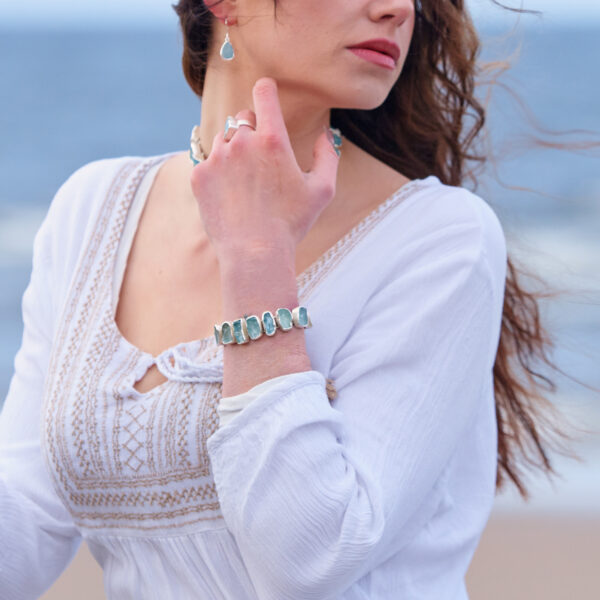 Aquamarine Rough Cut Gemstone Sterling Silver Bracelet