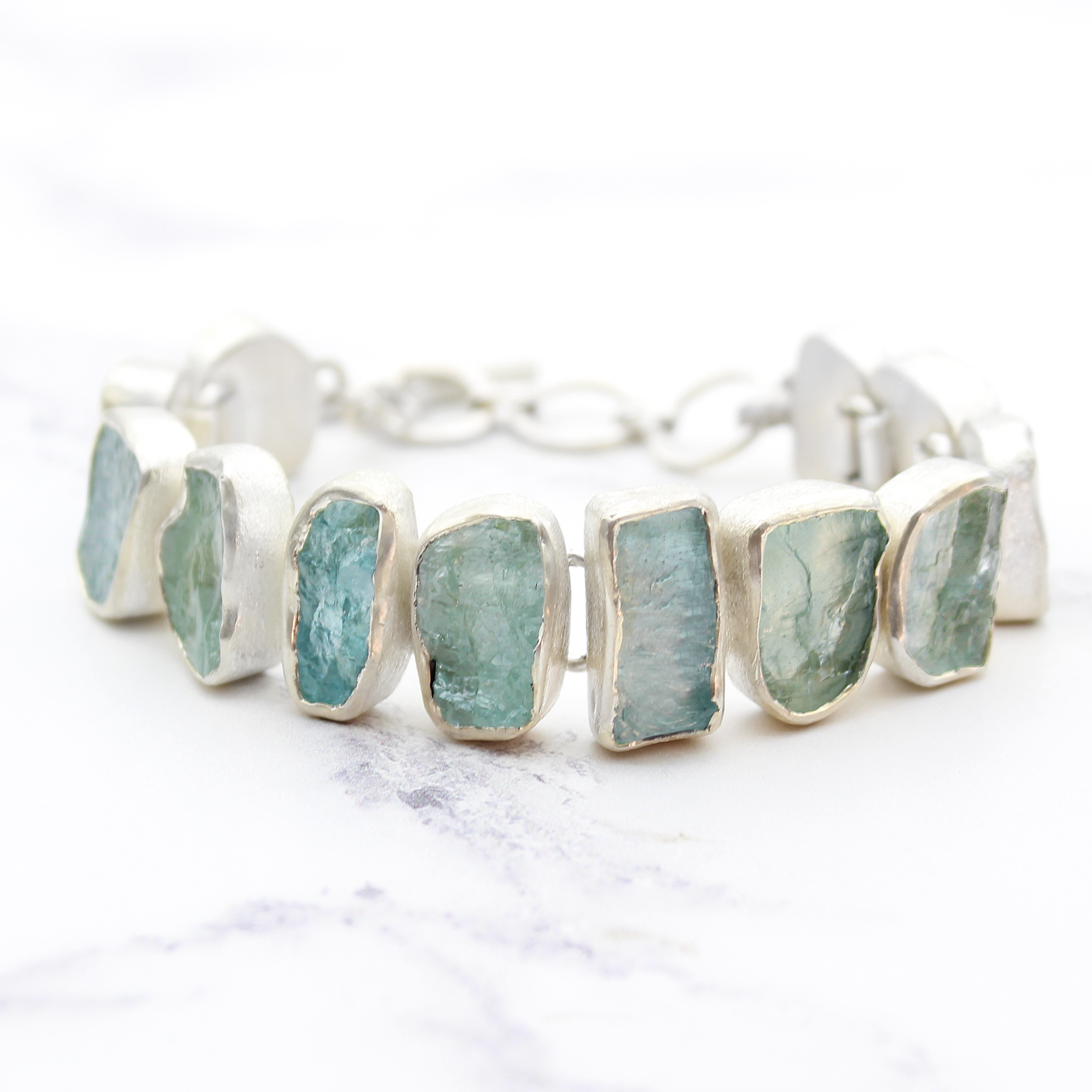 Aquamarine Rough Cut Gemstone Sterling Silver Bracelet